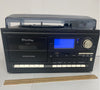 close up picture of TechPlay Shelf Stereo with CD,MP3, Cassette Player/Recorder, Turntable, AM/FM Radio, SD Card/USB, AUX in, Line Out Alarm Clock, Remote and External Speakers