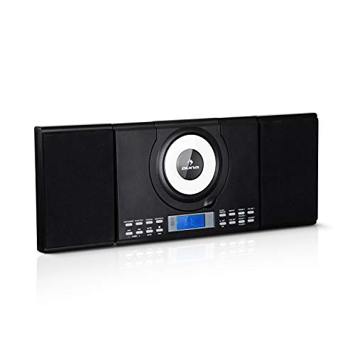 AUNA Wallie Microsystem, Home Stereo System, 2 x 10 Watts RMS Stereo Speakers, Front-Loading CD Player, FM Tuner, Bluetooth, USB Port, LCD Display, Wireless Connection, Remote Control, Piano Black