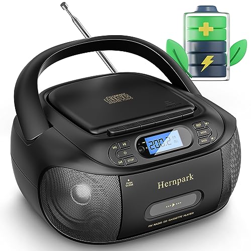 CD Cassette Player Combo, Hernpark Rechargeable Boombox with Bluetooth 5.1, Tape Recording, FM Radio, Super Bass, Stereo Sound, Aux/USB Drive, Headphones Jack, Boom Box for Indoor Outdoor