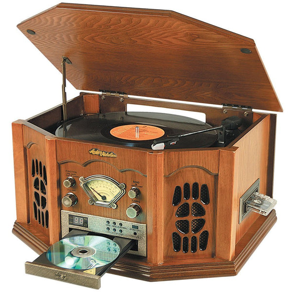 Nostalgia Stereo with Turntable, Cassette, Radio, CD & MP3 Player OAK