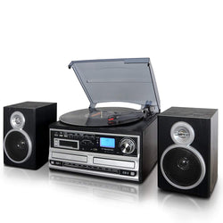 Trexonic 3-Speed Turntable With CD Player, Cassette Player and CD Recorder, Wired Shelf Speakers, FM Radio & CD/USB/SD Recording