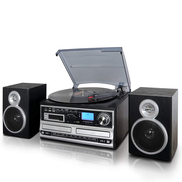 Trexonic 3-Speed Turntable With CD Player, Cassette Player and CD Recorder, Wired Shelf Speakers, FM Radio &amp; CD/USB/SD Recording