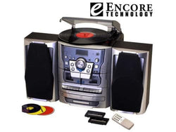 Encore Shelf Stereo System With Turntable, 3 CD Dual Cassette Player Recorder